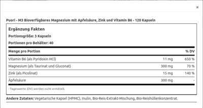 Puori M3 Magnesium 120 Kapseln - Magnesium+Zink+Vitamin B6-100% Vegan – Bild 3